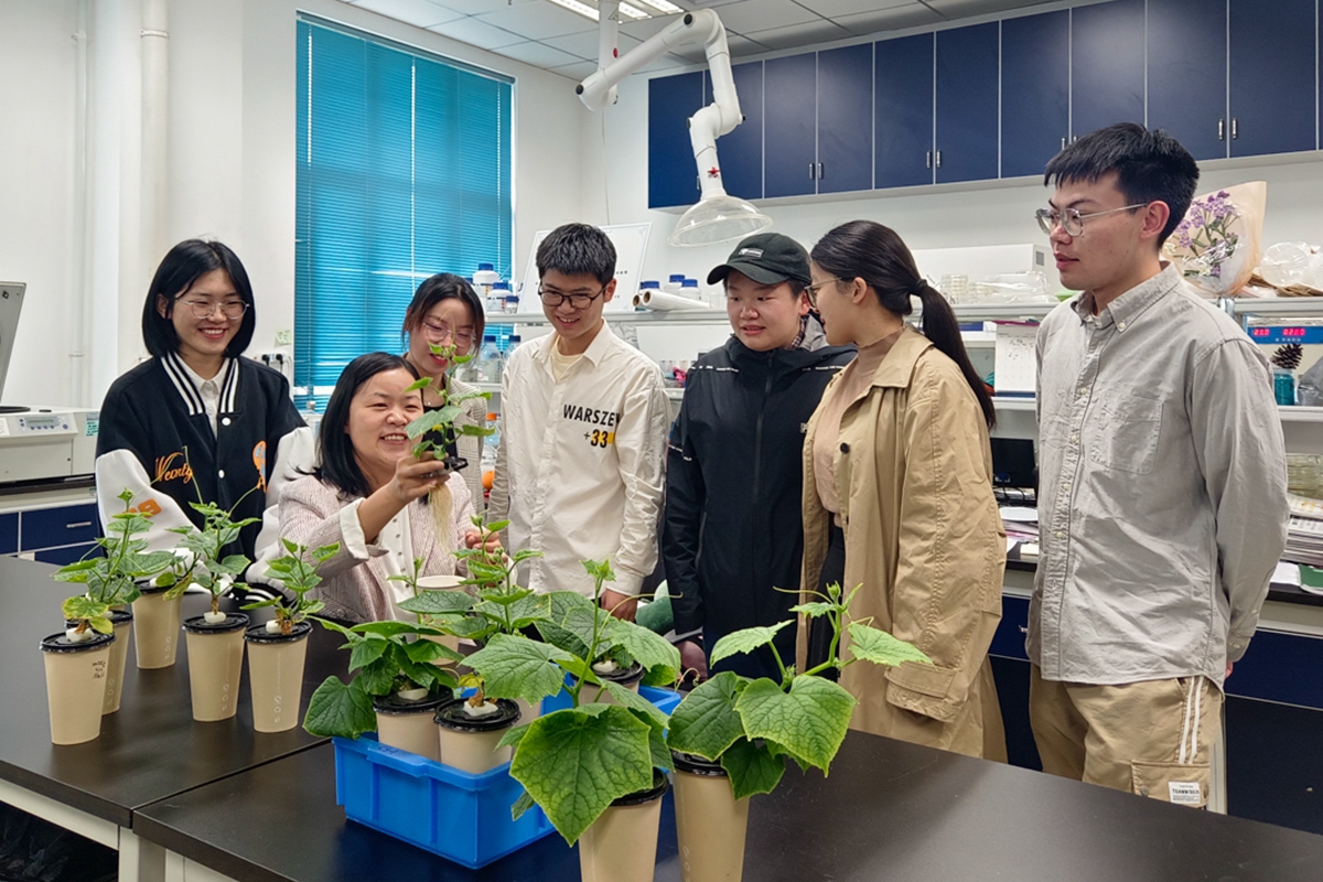 杨丽老师和自己班的同学交流植物（学通社记者 曹钟允 摄）